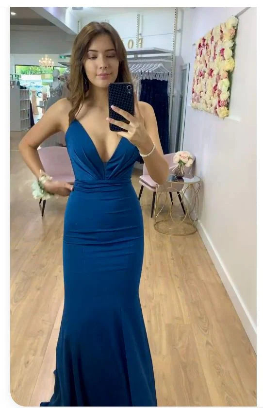 Vestido azul formal, sencillo y elegante, corte A, escote en V, corte sirena, largo, vestido de noche / Tiendas con vestidos de fiesta